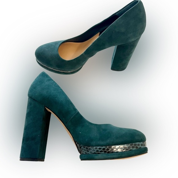 Dolce Vita Veile Suede Block Heels Platform Teal Green Faux Snake Skin Trim 10 - Picture 17 of 17